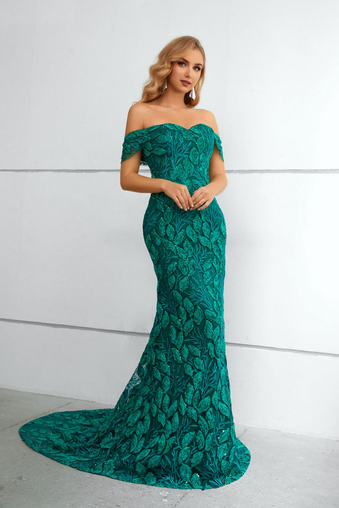 Forest Green Leafy Lace Formal Prom Evening Dress EN5611