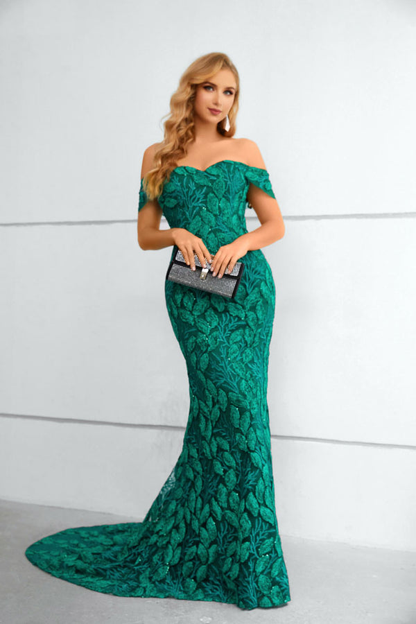 Forest Green Leafy Lace Formal Prom Evening Dress EN5611