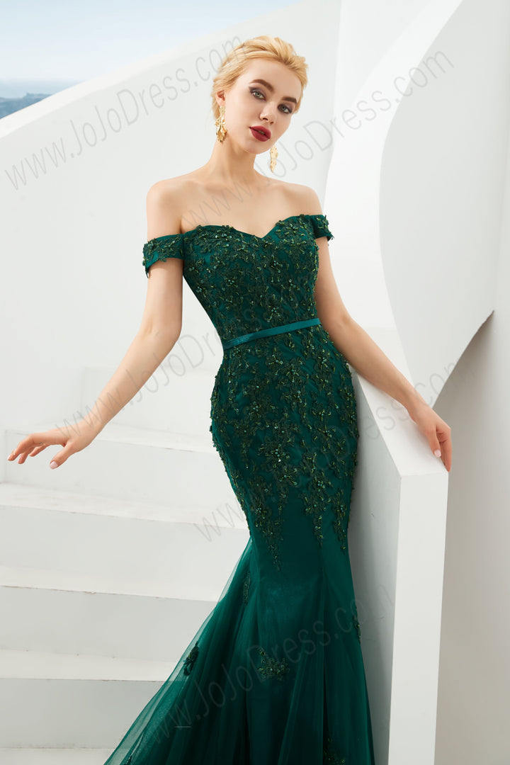 Emerald Green Mermaid Lace Prom Formal Dress with off the shoulder neckline