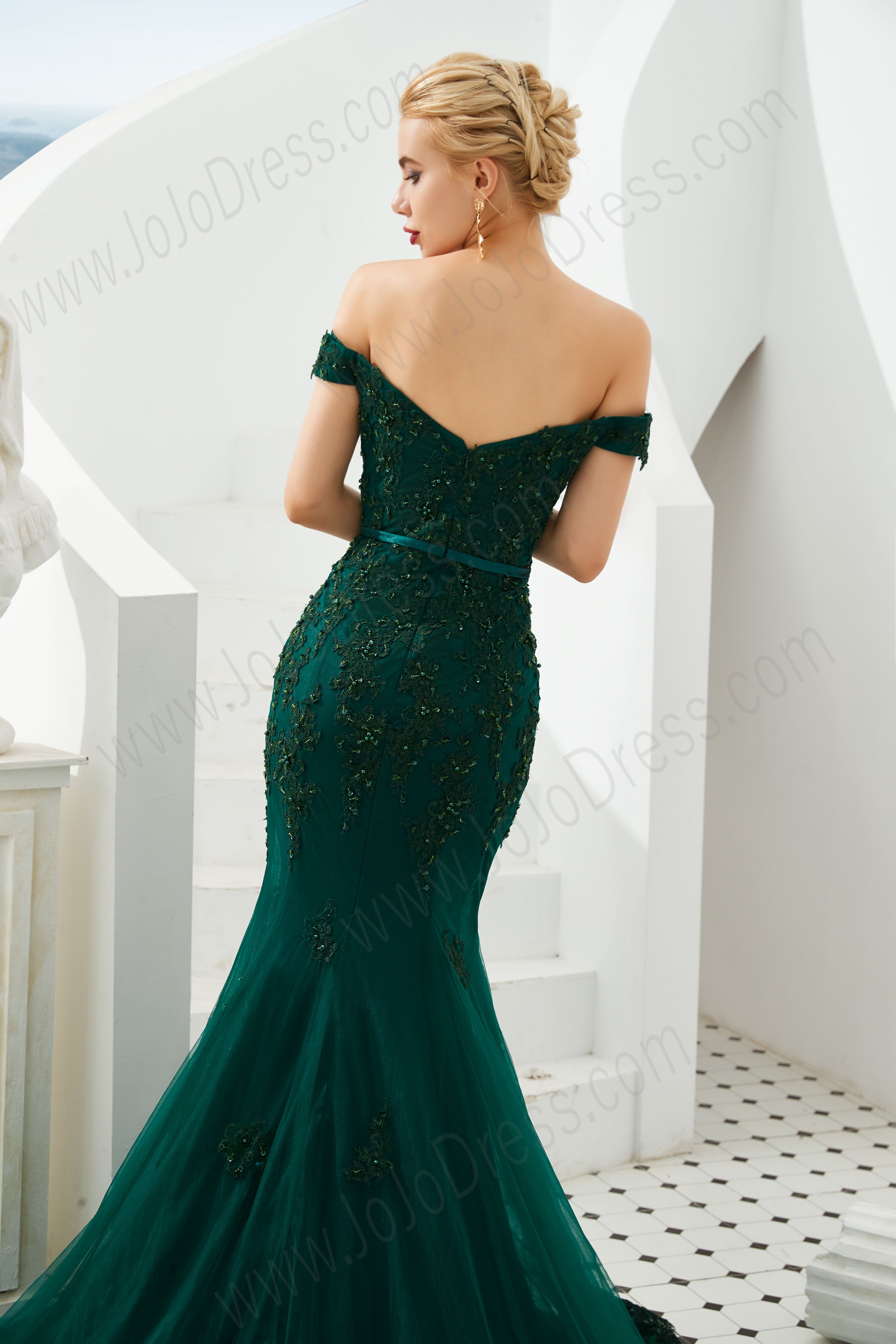 Emerald Green Mermaid Lace Prom Formal Dress with off the shoulder neckline