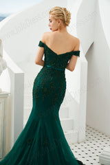 Emerald Green Mermaid Lace Prom Formal Dress with off the shoulder neckline