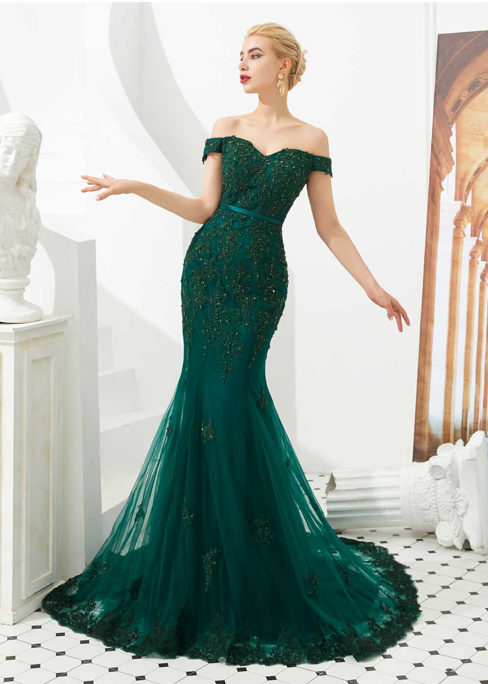 Emerald Green Mermaid Lace Prom Formal Dress with off the shoulder neckline