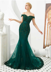 Emerald Green Mermaid Lace Prom Formal Dress with off the shoulder neckline