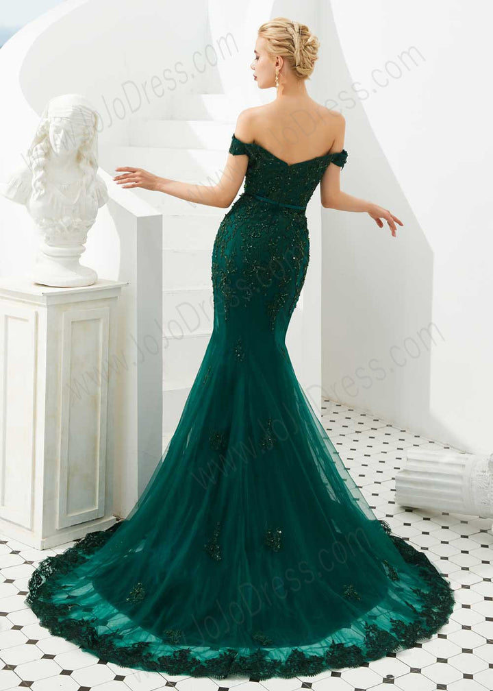 Emerald Green Mermaid Lace Prom Formal Dress with off the shoulder neckline