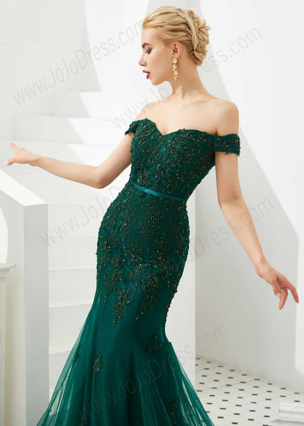 Emerald Green Mermaid Lace Prom Formal Dress with off the shoulder neckline
