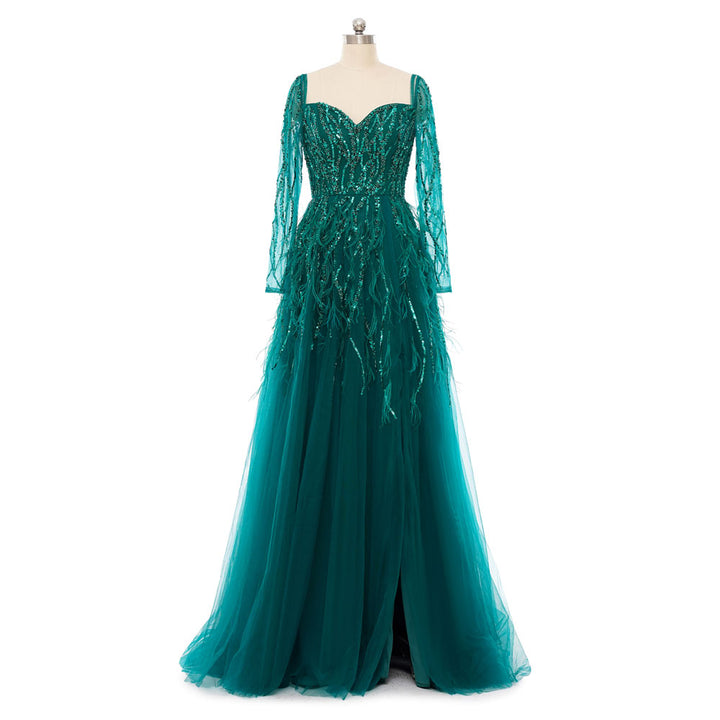 Sparkly Green Maxi Formal Prom Evening Dress with Sleeves EN5503