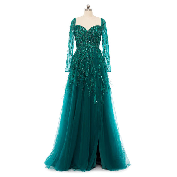 Sparkly Green Maxi Formal Prom Evening Dress with Sleeves EN5503