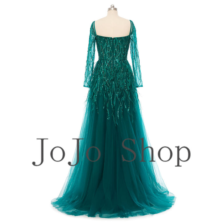 Sparkly Green Maxi Formal Prom Evening Dress with Sleeves EN5503