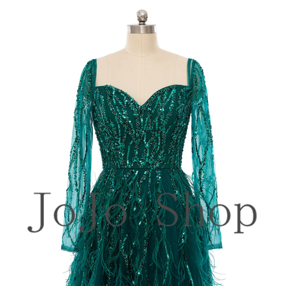 Sparkly Green Maxi Formal Prom Evening Dress with Sleeves EN5503