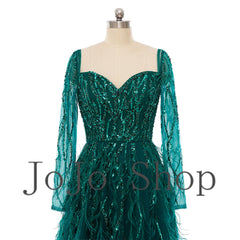 Sparkly Green Maxi Formal Prom Evening Dress with Sleeves EN5503