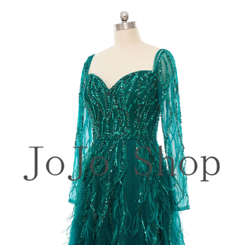 Sparkly Green Maxi Formal Prom Evening Dress with Sleeves EN5503