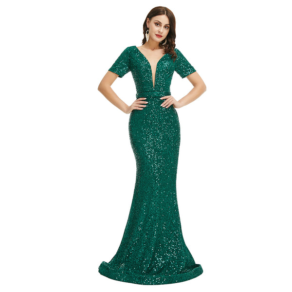 Sexy Emerald Green Sparkly Maxi Fitted Formal Evening Dress EN5001