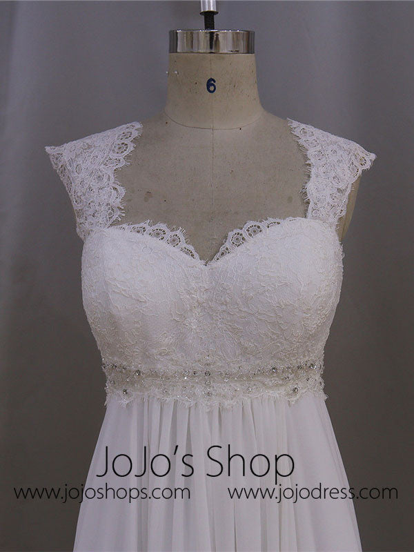 Elegant Chiffon Dress with French Lace Cap Sleeves | BB001 Size 14 / White Elegant Chiffon Dress with French Lace Cap Sleeves | BB001 Size 14 / White