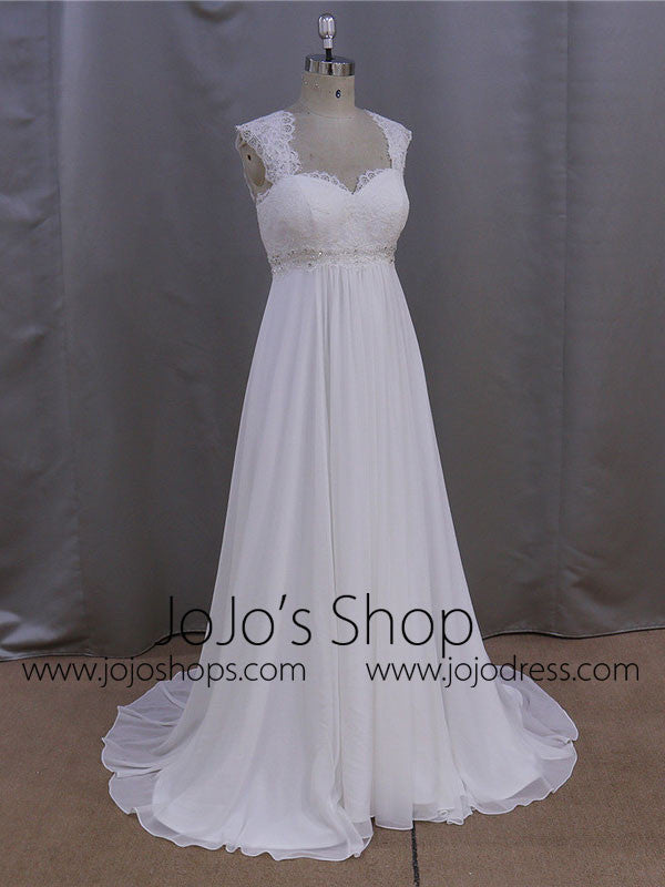 Elegant Chiffon Dress with French Lace Cap Sleeves | BB001 Size 14 / White Elegant Chiffon Dress with French Lace Cap Sleeves | BB001 Size 14 / White