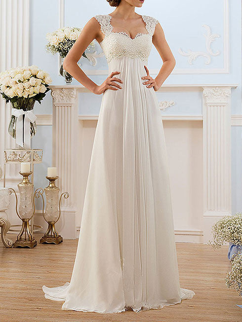 Elegant Chiffon Dress with French Lace Cap Sleeves | BB001 Size 14 / White Elegant Chiffon Dress with French Lace Cap Sleeves | BB001 Size 14 / White