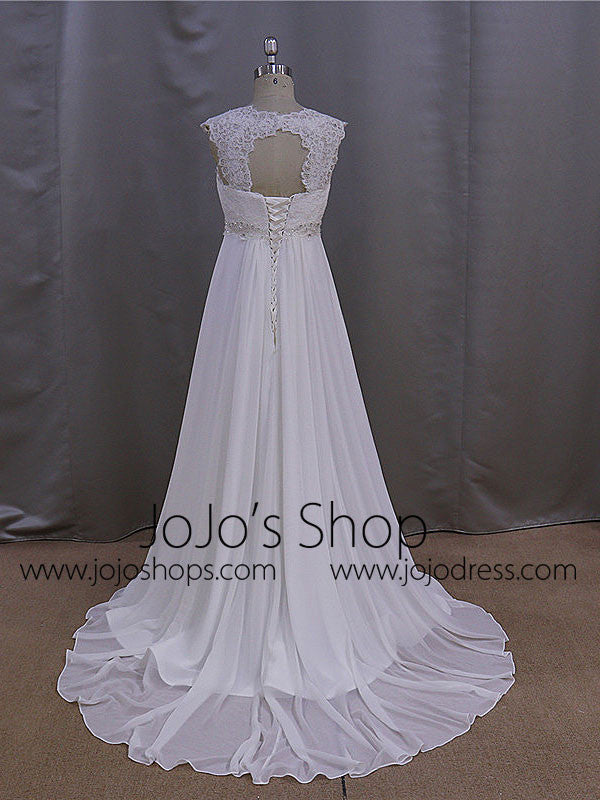 Elegant Chiffon Dress with French Lace Cap Sleeves | BB001 Size 14 / White Elegant Chiffon Dress with French Lace Cap Sleeves | BB001 Size 14 / White