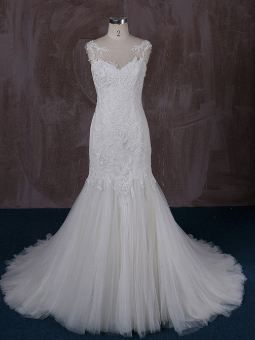 Fit and Flare Mermaid Lace Dress with Illusion Neckline and Illusion Back | QT85330