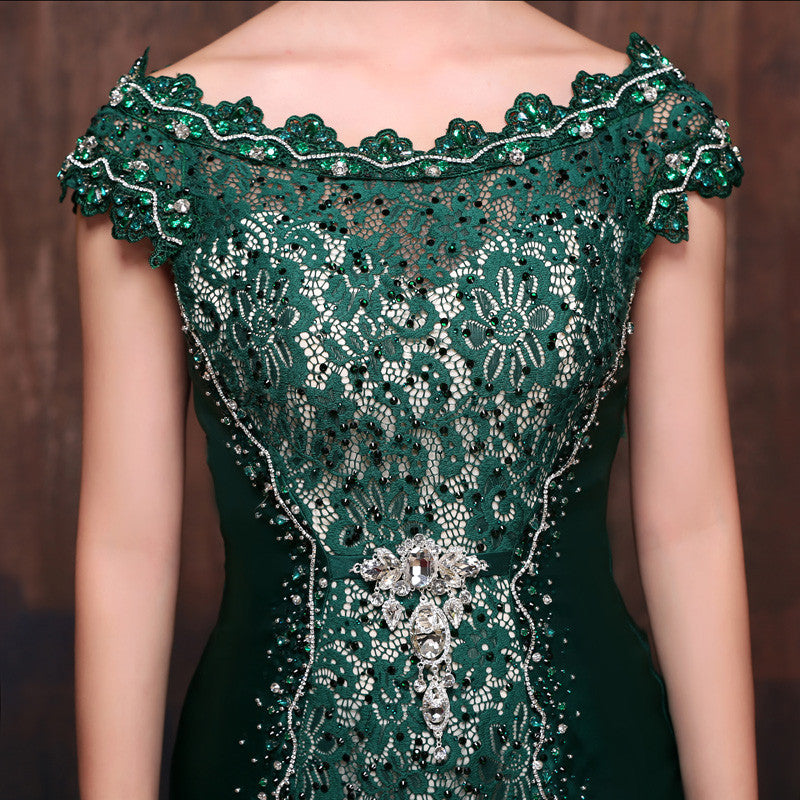 Forest Green Elegant Mermaid Fitted Lace Formal Evening Prom Dress with Cap Sleeves and Beadings | X002
