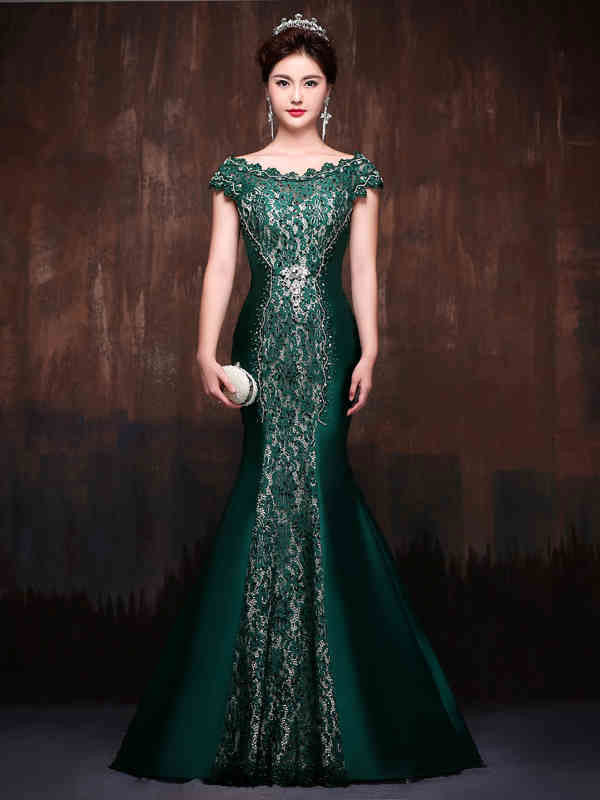Forest Green Elegant Mermaid Fitted Lace Formal Evening Prom Dress with Cap Sleeves and Beadings | X002
