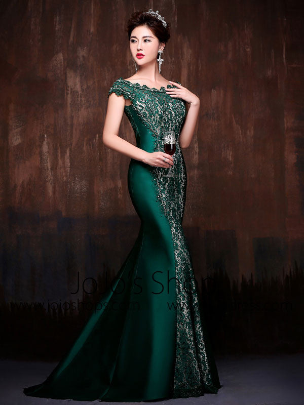 Forest Green Elegant Mermaid Fitted Lace Formal Evening Prom Dress with Cap Sleeves and Beadings | X002 Size 8 / Other Forest Green Elegant Mermaid Fitted Lace Formal Evening Prom Dress with Cap Sleeves and Beadings | X002 Size 8 / Other
