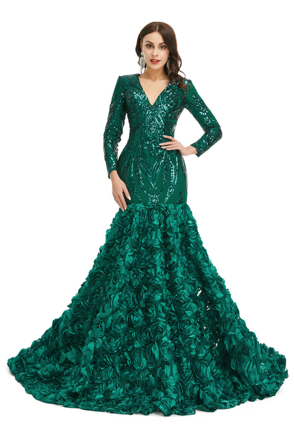 Hunter Green Sparkly Fitted Long Evening Dress with Rosette Skirt EN5006