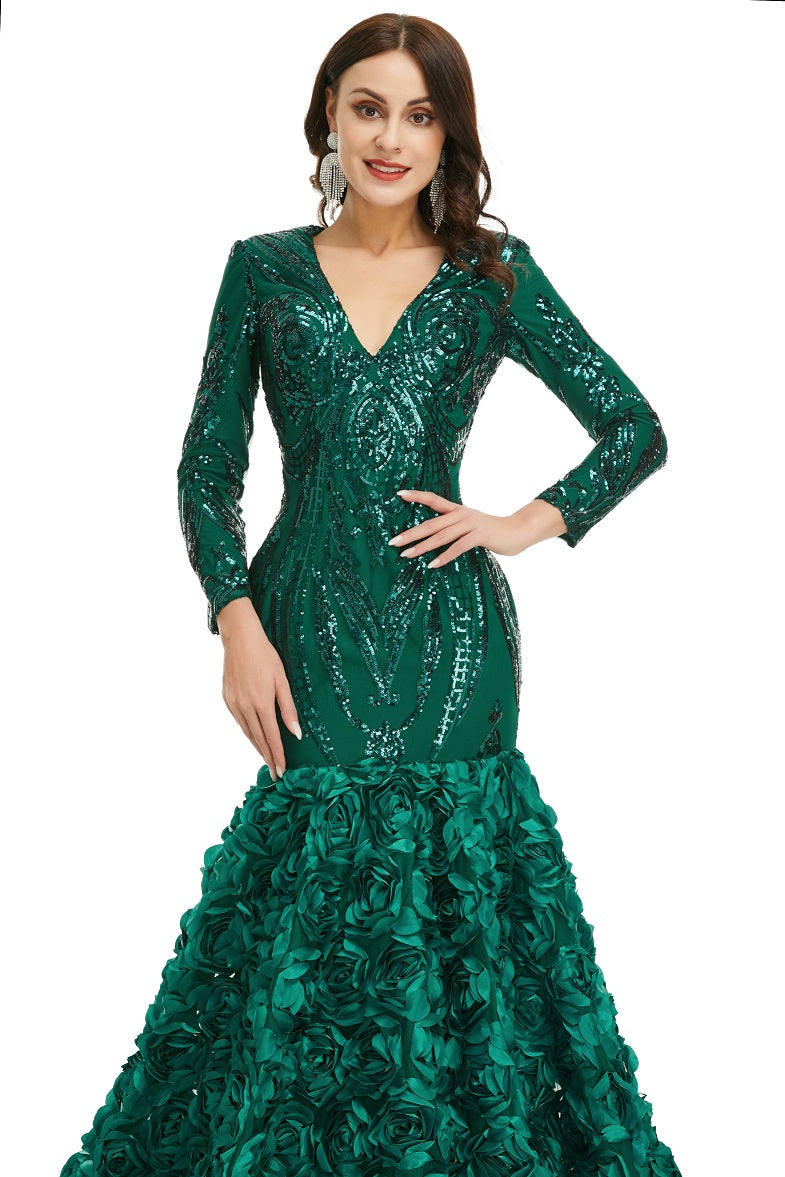 Hunter Green Sparkly Fitted Long Evening Dress with Rosette Skirt EN5006