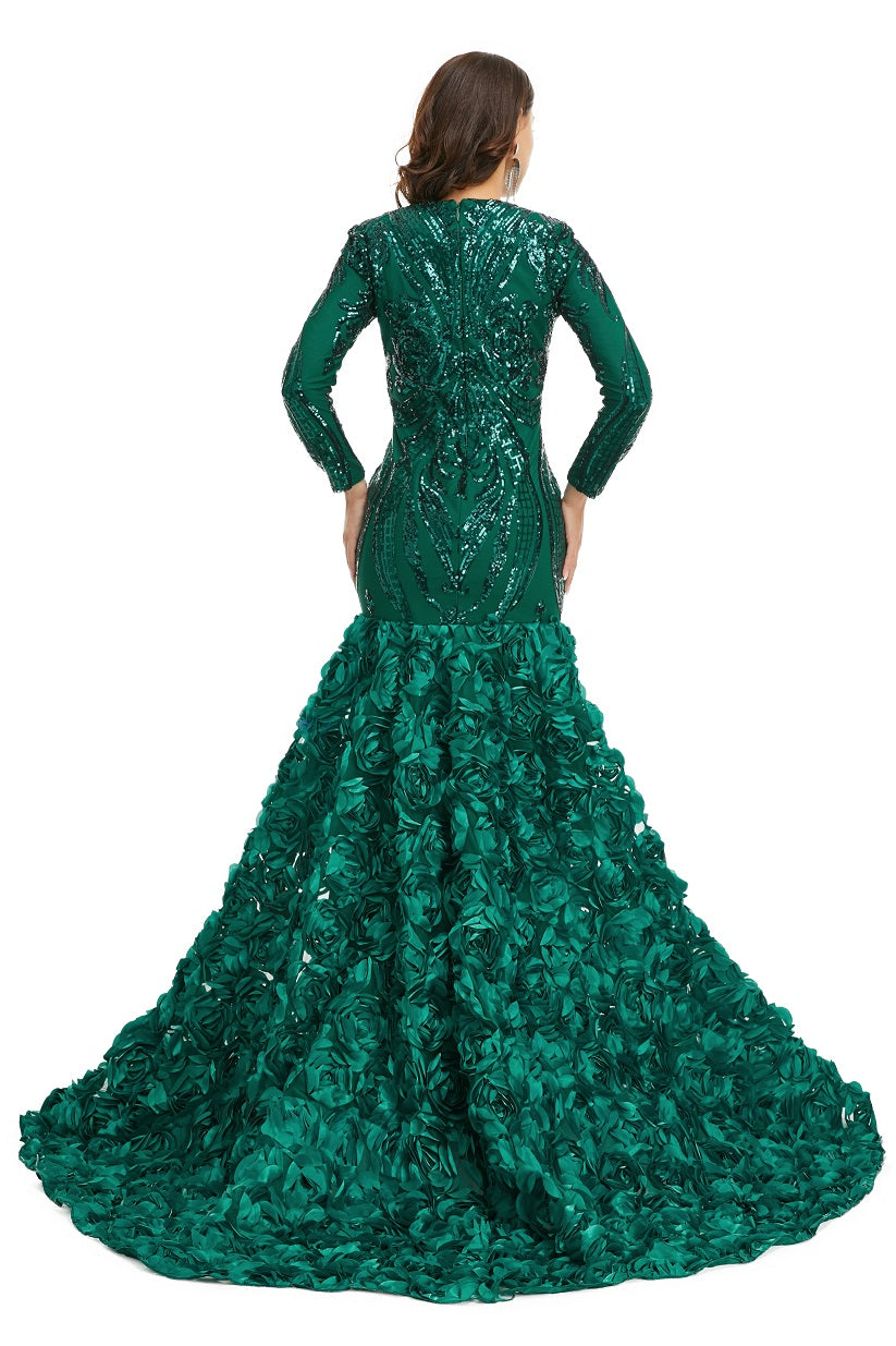 Hunter Green Sparkly Fitted Long Evening Dress with Rosette Skirt EN5006