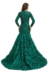Hunter Green Sparkly Fitted Long Evening Dress with Rosette Skirt EN5006