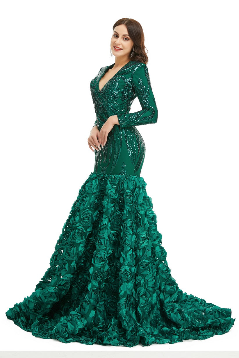 Hunter Green Sparkly Fitted Long Evening Dress with Rosette Skirt EN5006