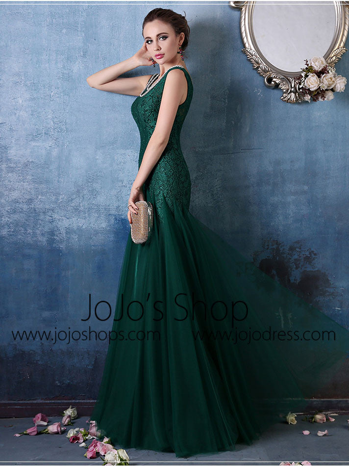 Forest Green Elegant Mermaid Fitted Lace Formal Evening Prom Dress | X033