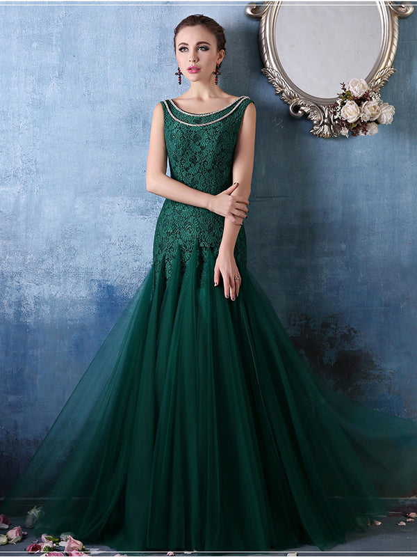 Forest Green Elegant Mermaid Fitted Lace Formal Evening Prom Dress | X033