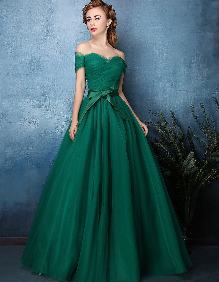 Forest Green Off Shoulder Tulle Ball Gown Formal Dress