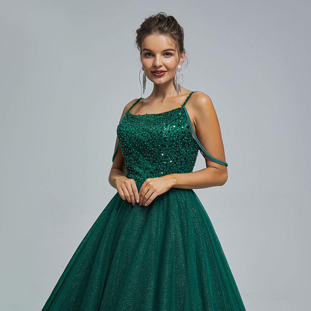 Forest Green Ball Gown Maxi Prom Evening Dress with Straps EN5305