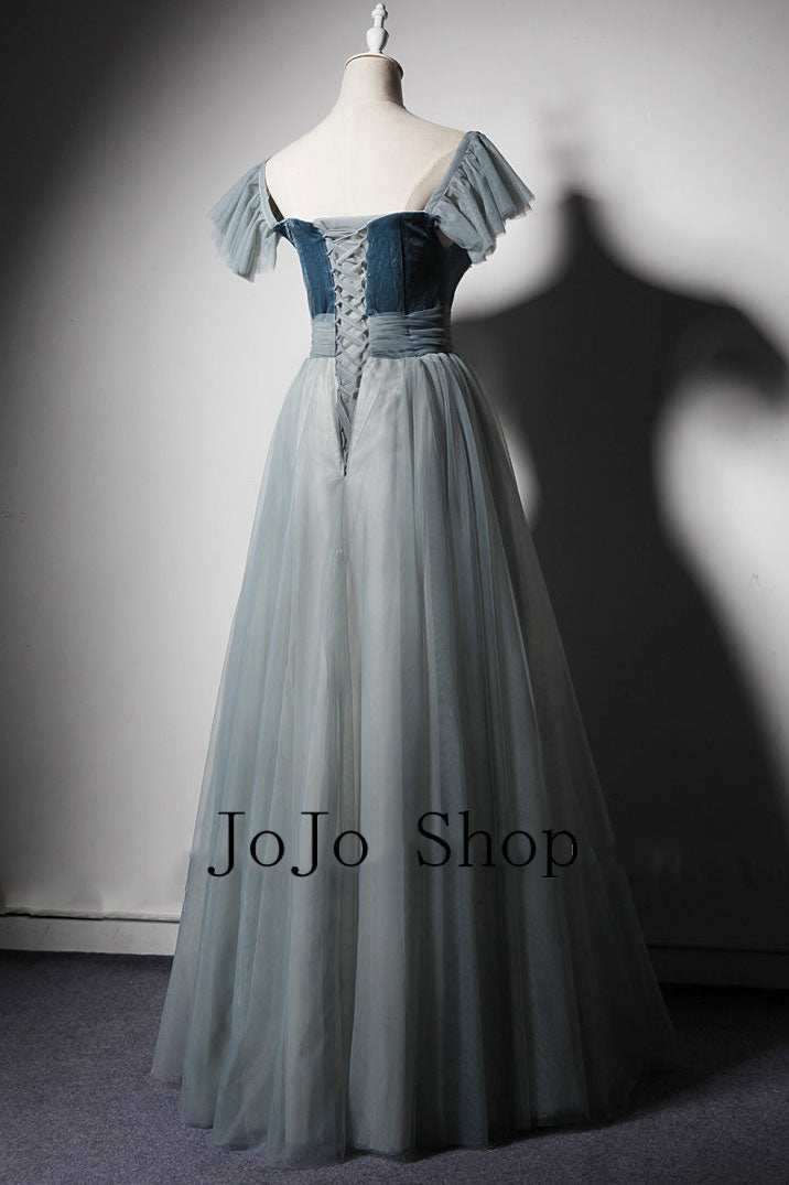 Gray Blue Velvet Formal Prom Dress ET3011