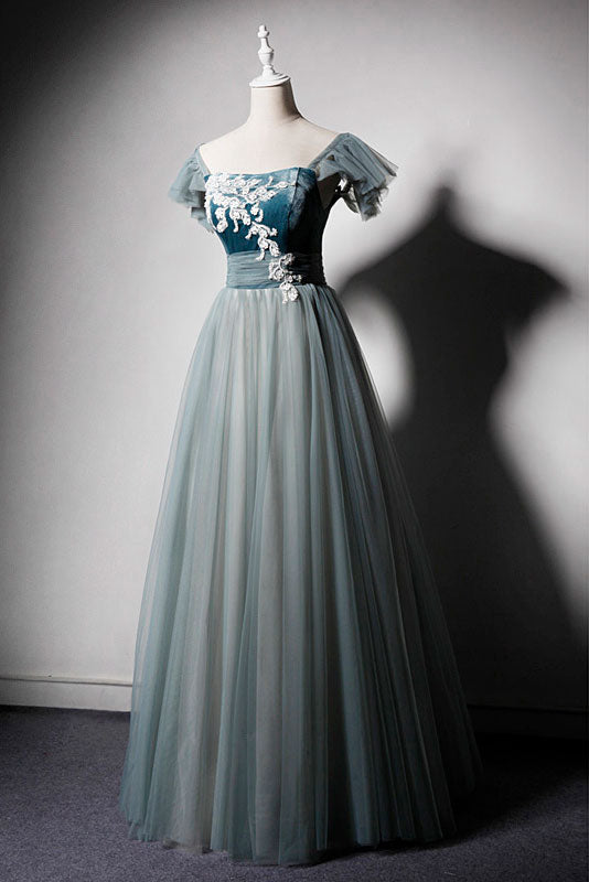 Gray Blue Velvet Formal Prom Dress ET3011