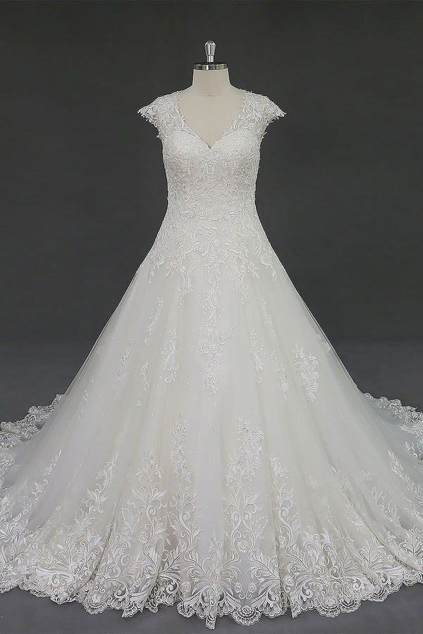 Lace Ball Gown Wedding Dress with Cap Sleeves RD2001