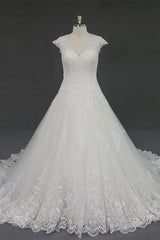 Lace Ball Gown Wedding Dress with Cap Sleeves RD2001