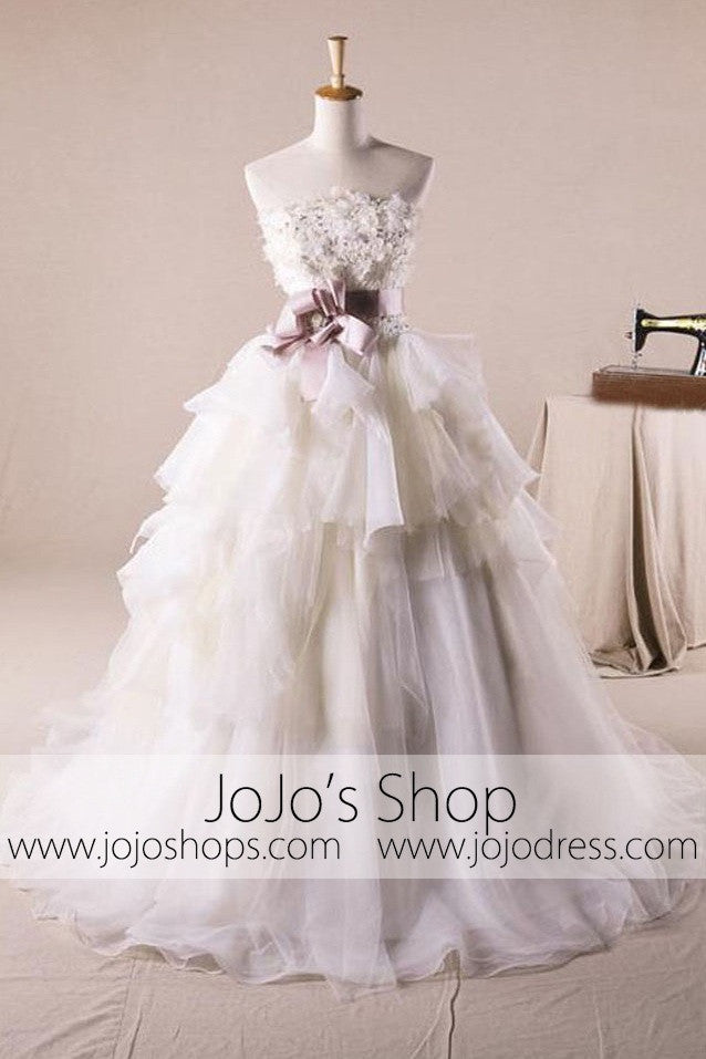 Strapless Floral Organza Debutante Ball Gown Wedding Dress