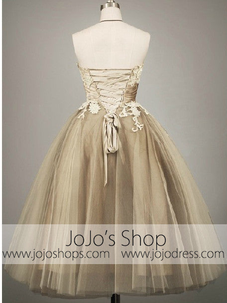 Retro 50s Tea Length Strapless Lace Tulle Formal Prom Dress Retro 50s Tea Length Strapless Lace Tulle Formal Prom Dress