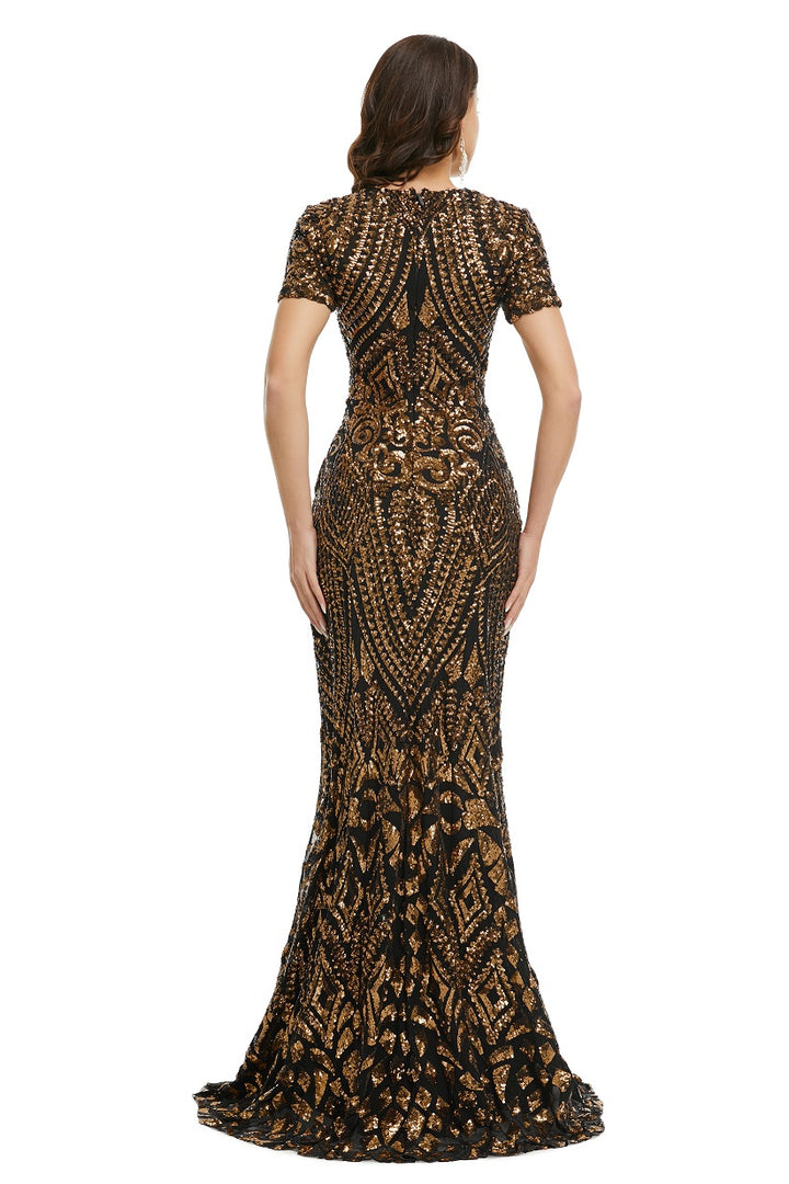 Black Gold Modest Maxi Fitted Gala Formal Evening Dress EN5010