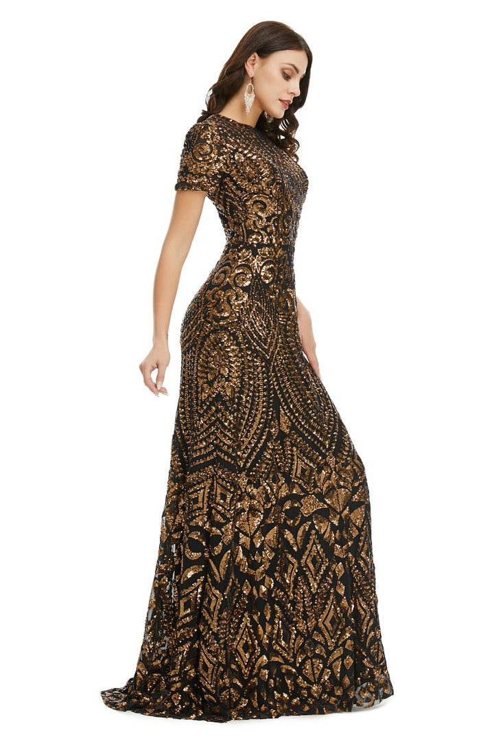 Black Gold Modest Maxi Fitted Gala Formal Evening Dress EN5010