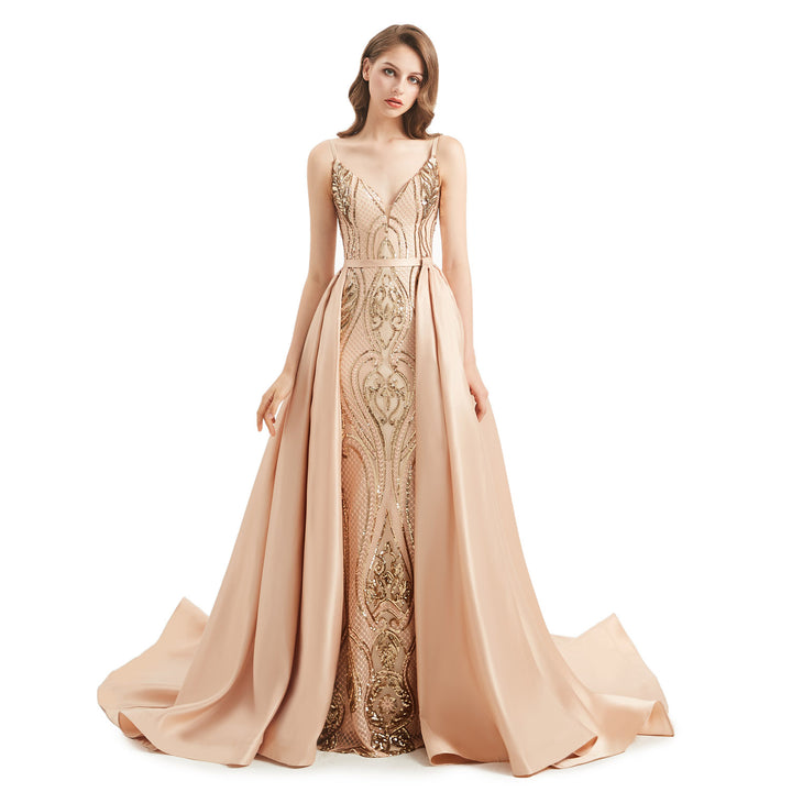 Champagne Gold Fit and Flare Formal Dress with Detachable Train EN4803