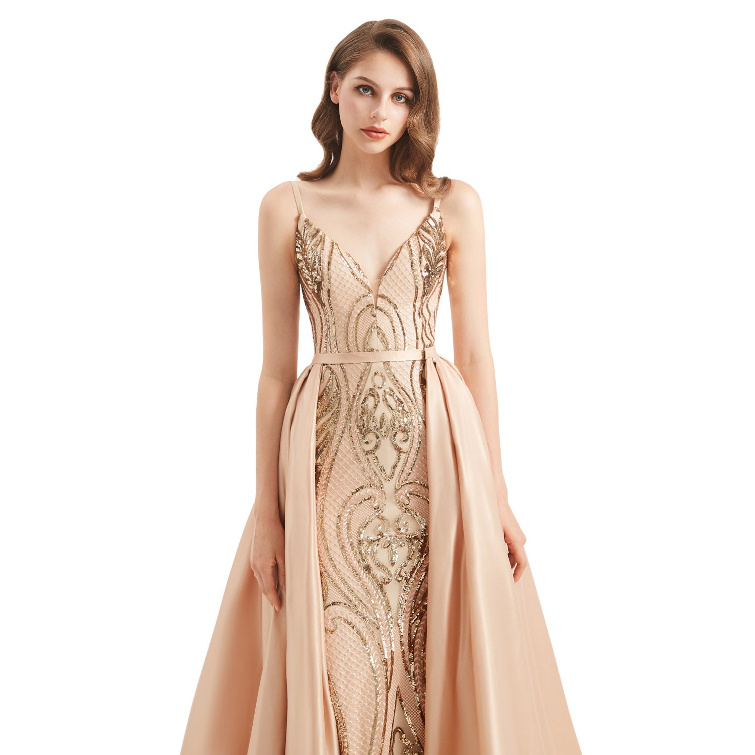 Champagne Gold Fit and Flare Formal Dress with Detachable Train EN4803 Size 14 Champagne Gold Fit and Flare Formal Dress with Detachable Train EN4803 Size 14