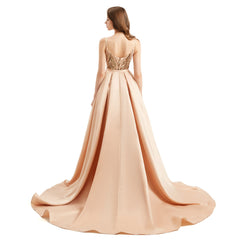 Champagne Gold Fit and Flare Formal Dress with Detachable Train EN4803