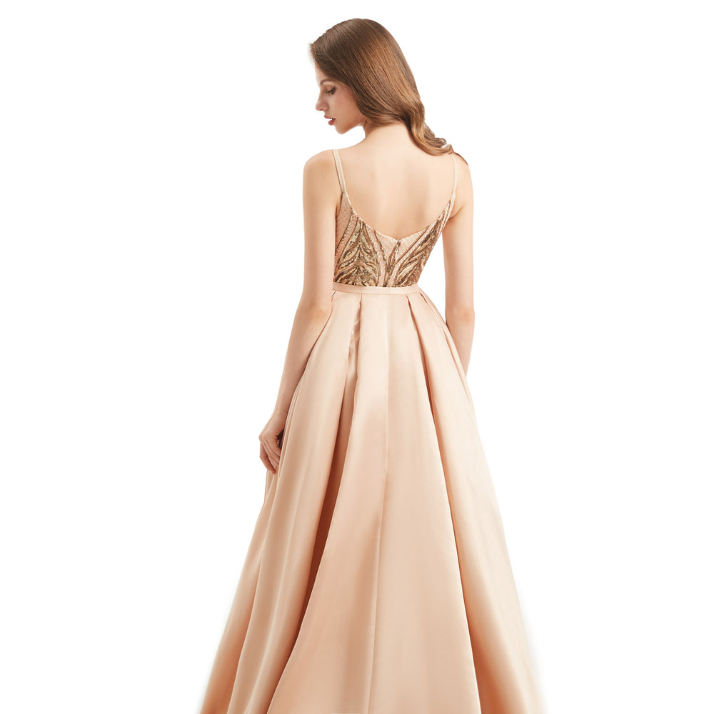 Champagne Gold Fit and Flare Formal Dress with Detachable Train EN4803