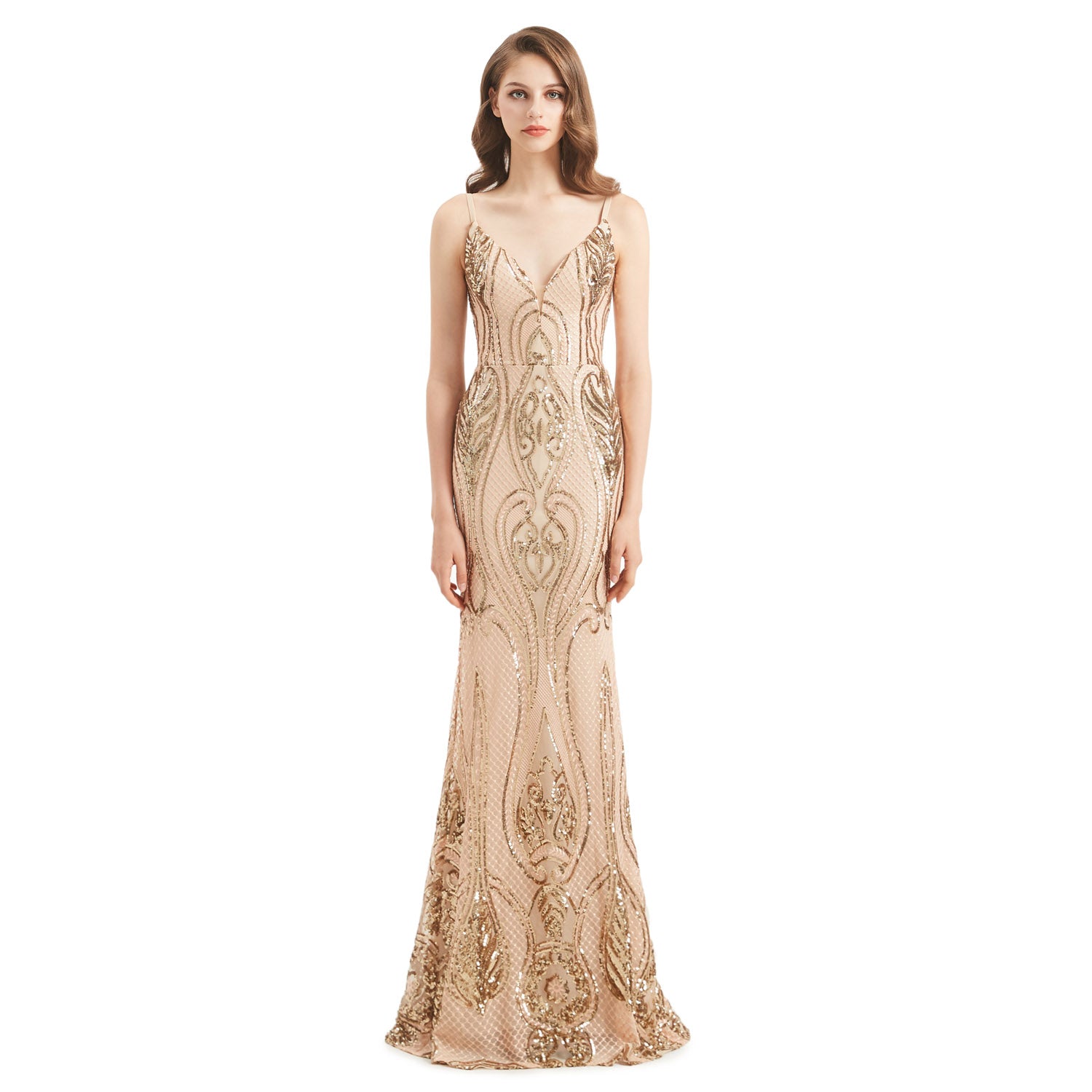 Champagne Gold Fit and Flare Formal Dress with Detachable Train EN4803
