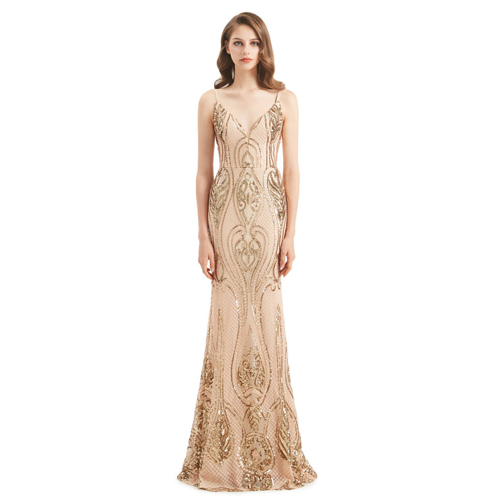 Champagne Gold Fit and Flare Formal Dress with Detachable Train EN4803