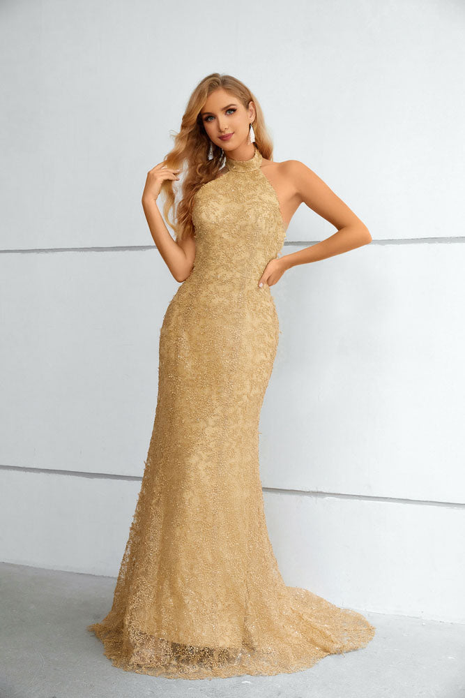 Maxi Long Gold Lace Halter Formal Prom Evening Dress EN5612