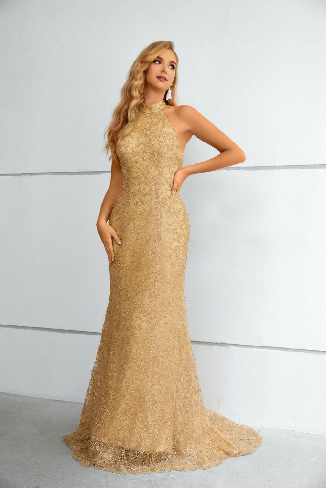 Maxi Long Gold Lace Halter Formal Prom Evening Dress EN5612 Size 8 / Gold