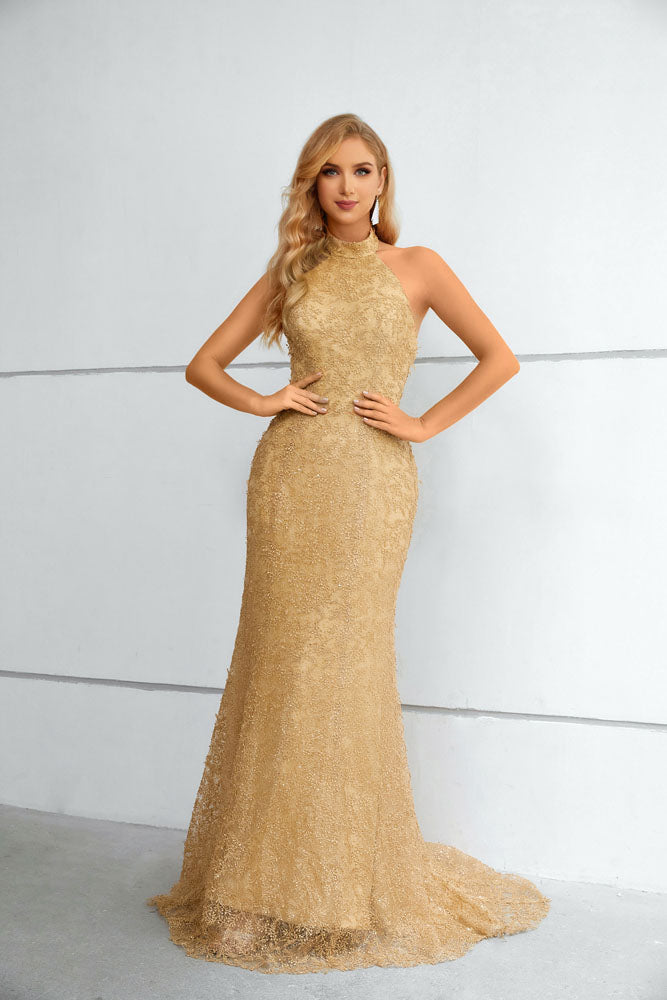 Maxi Long Gold Lace Halter Formal Prom Evening Dress EN5612 Maxi Long Gold Lace Halter Formal Prom Evening Dress EN5612
